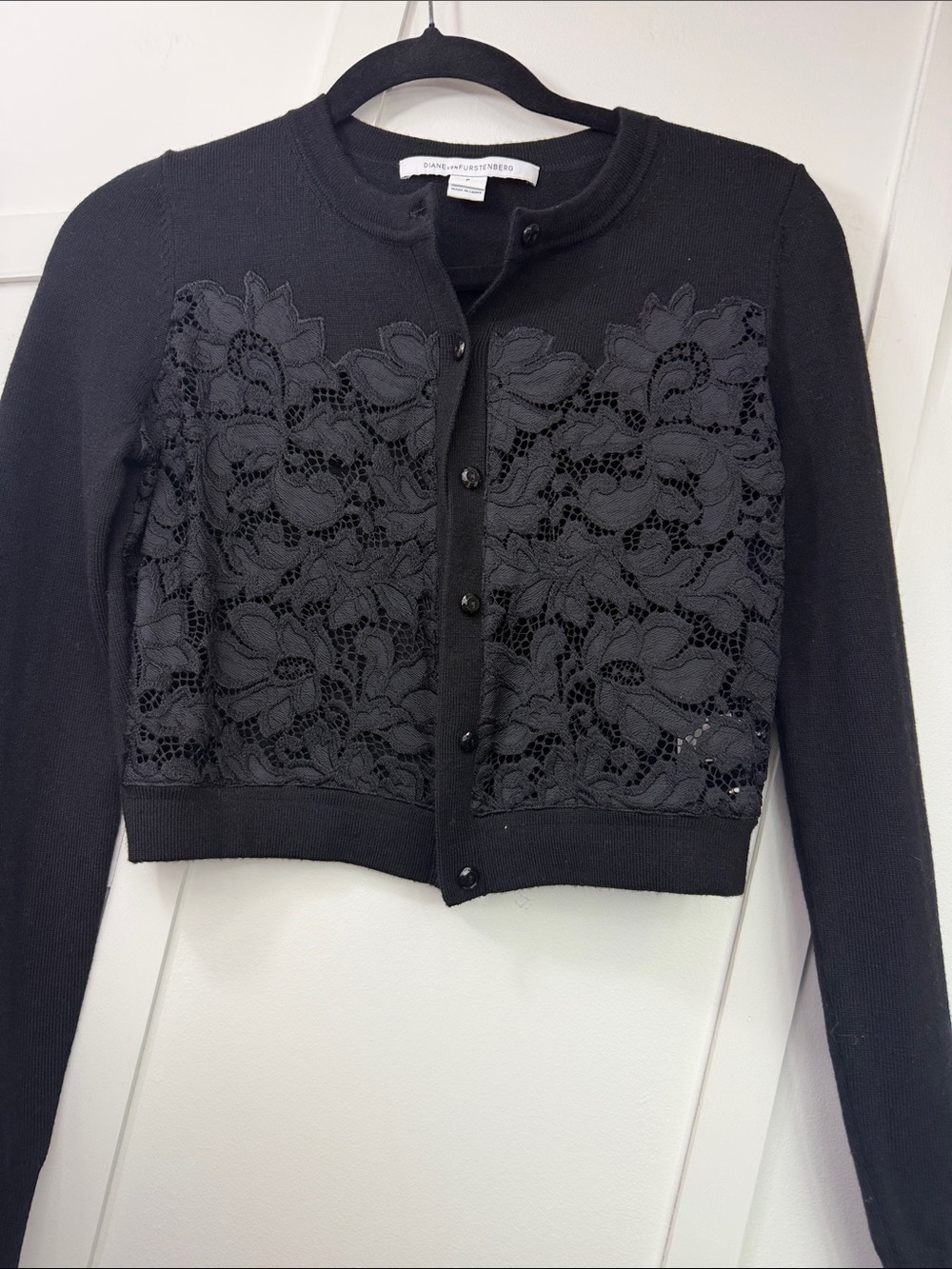 Diane Von Furstenberg Black Lace-Front Cardigan Blazer